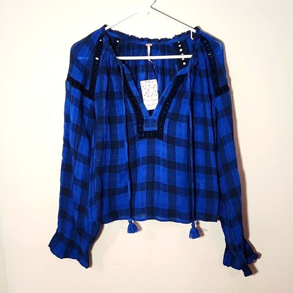 Nwt, free people top, blue plaid pullover - Picture 4 of 9